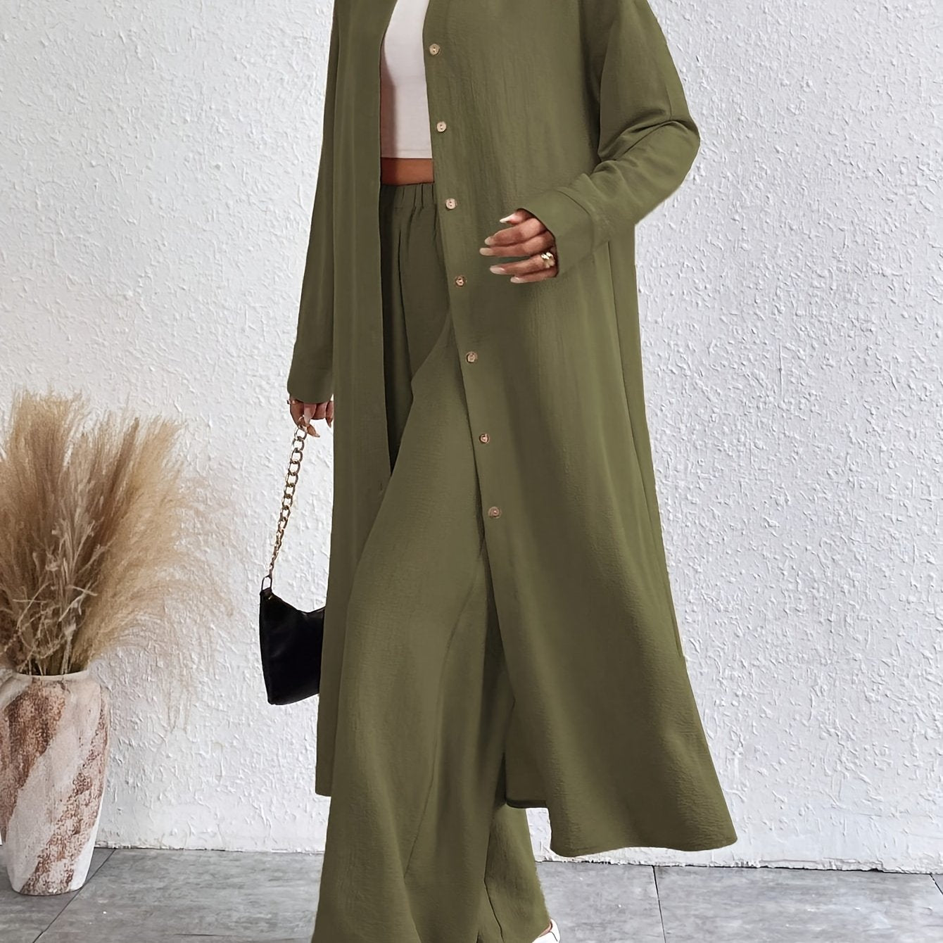 Conjunto Feminino Alfaiataria Casual – Blusa Botão Único + Calça Wide-Leg Cintura Elástica