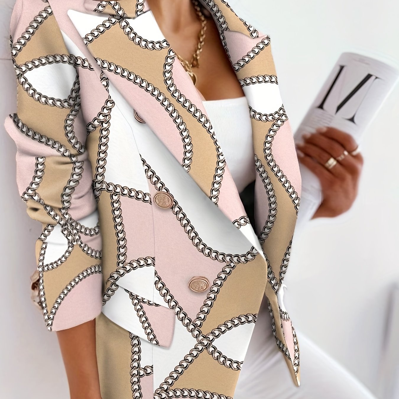 Blazer Feminino Gráfico Double-Breasted – Versátil Casual/Office