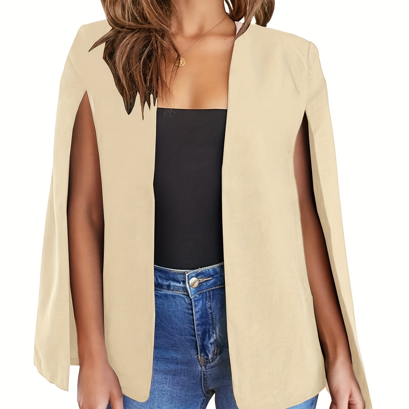 Blazer Feminino Bege Leve – Casual & Elegante com Mangas Fendas, Sem Fecho