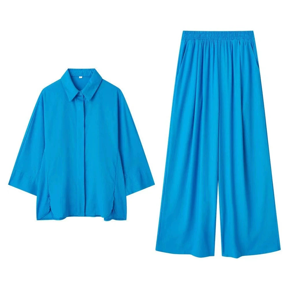 Conjunto Feminino 2 Peças Cor Sólida – Camisa Single-Breasted Solta + Calça Wide-Leg Cintura Elástica