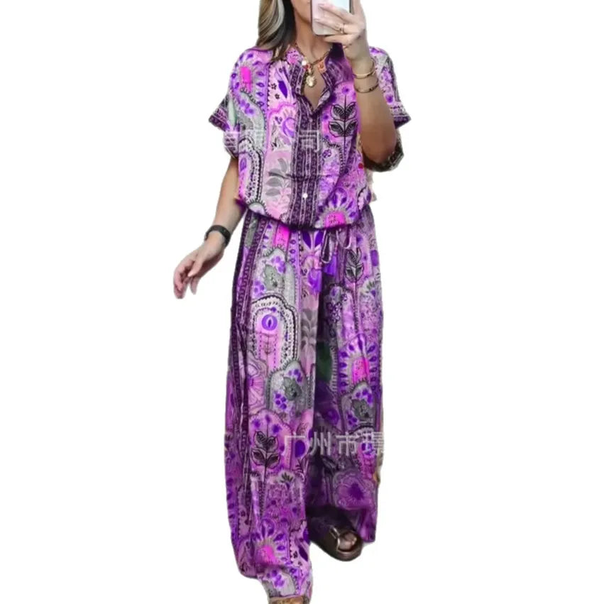 Conjunto Verão 2025 Feminino – Top Estampado Manga Curta + Calça Wide-Leg