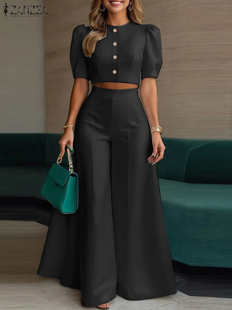 Conjunto Feminino ZANZEA – Crop Top & Calça Wide Leg