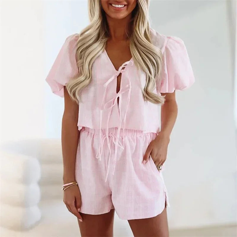 Conjunto Feminino 2 Peças Xadrez Y2K – Top Amarrado & Shorts Cintura Elástica