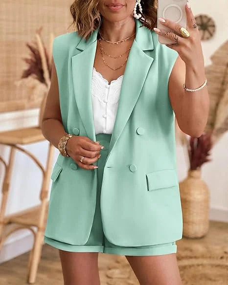 Conjunto Feminino Blazer Sem Mangas + Shorts Cintura Alta – Casual Executivo