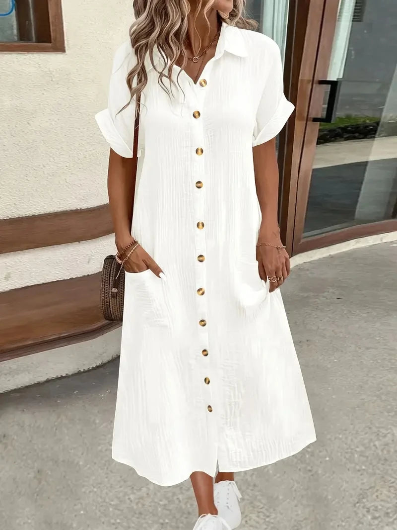 Vestido Feminino Camisa Verão – Manga Curta, Cor Sólida