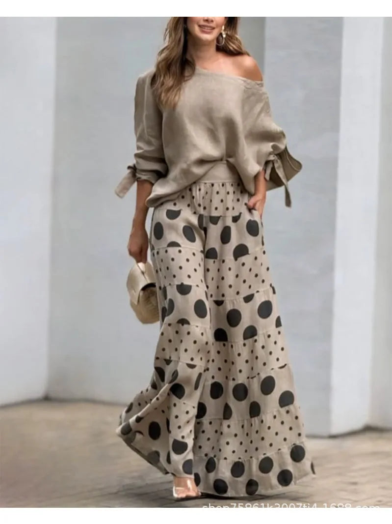 Conjunto Feminino Casual – Top Diagonal + Calça Estampa Poá
