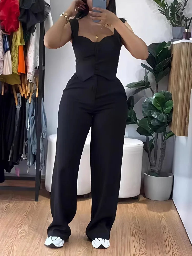 Conjunto Feminino 2 Peças Y2K – Colete Sem Mangas + Calça Wide-Leg
