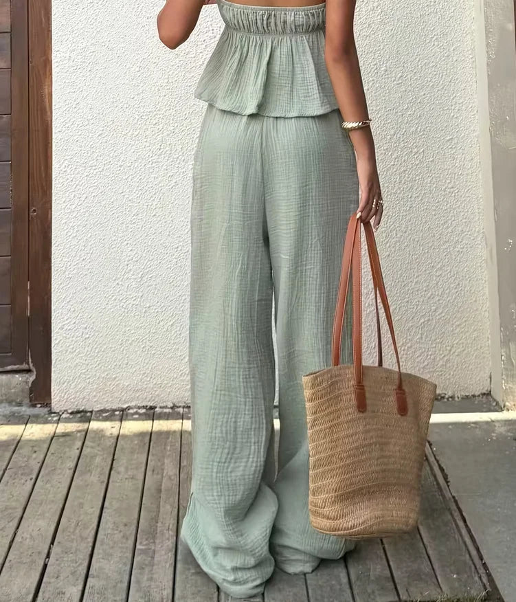 Conjunto Feminino Casual – Top Lace-Up & Calça Wide Leg