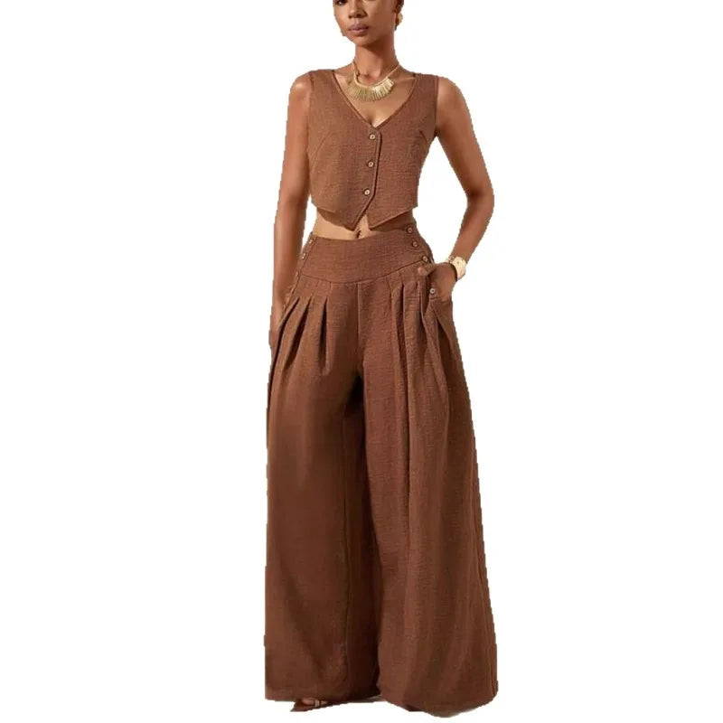 Conjunto Linen Luxe – Colete Elegante & Calça Wide Leg