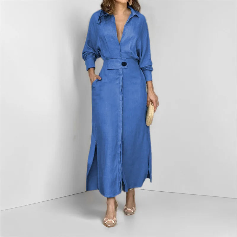 Vestido Feminino de Outono – Manga Longa com Decote V