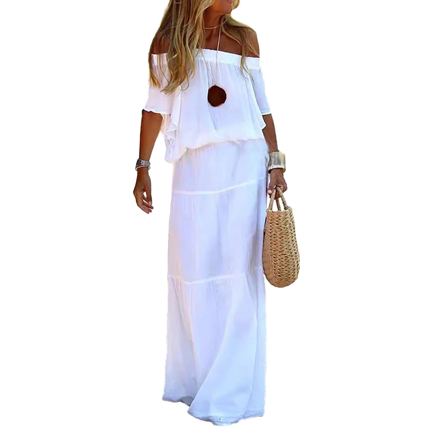 Vestido Branco Boho Elegante – Maxi Decote V com Ajuste Lace-Up