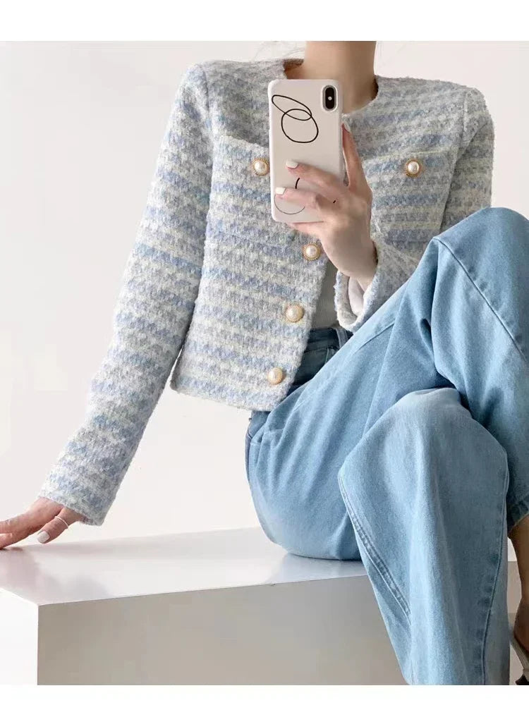 Elegant Tweed Jacket – Short Cardigan with Pockets