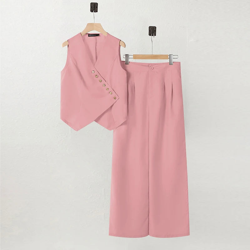 ZANZEA Women's Set – Vest & Wide Leg Pants with Irregular Buttons