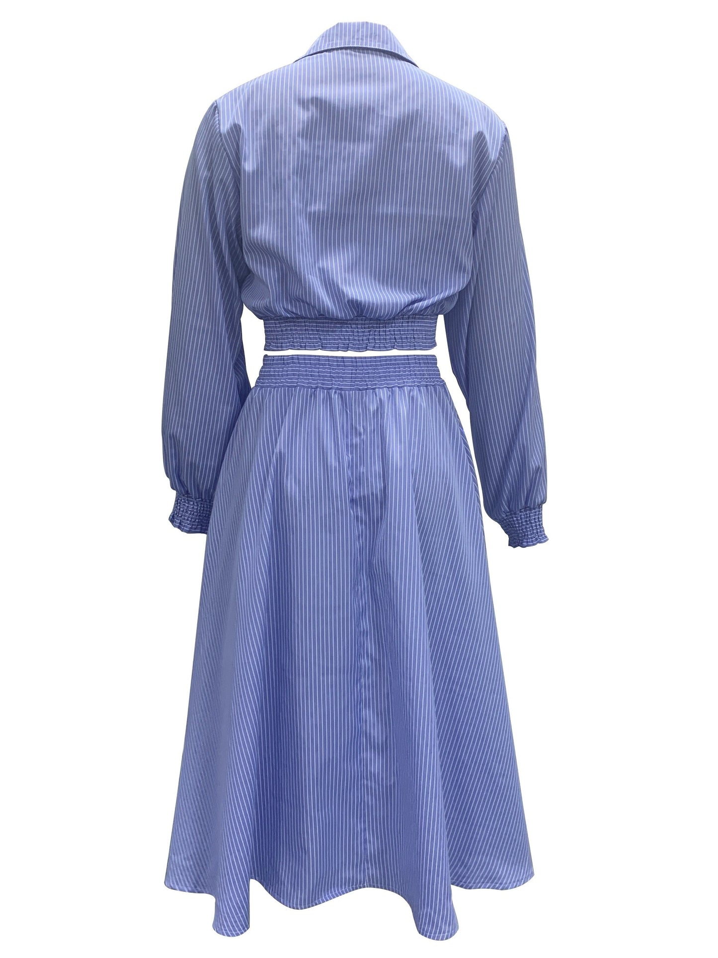 Conjunto Listrado Feminino Top Cropped Botão Frontal + Saia Godê – Estilo & Verão