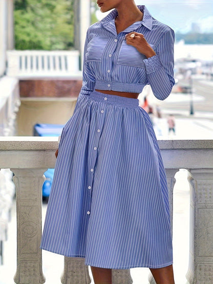 Conjunto Listrado Feminino Top Cropped Botão Frontal + Saia Godê – Estilo & Verão