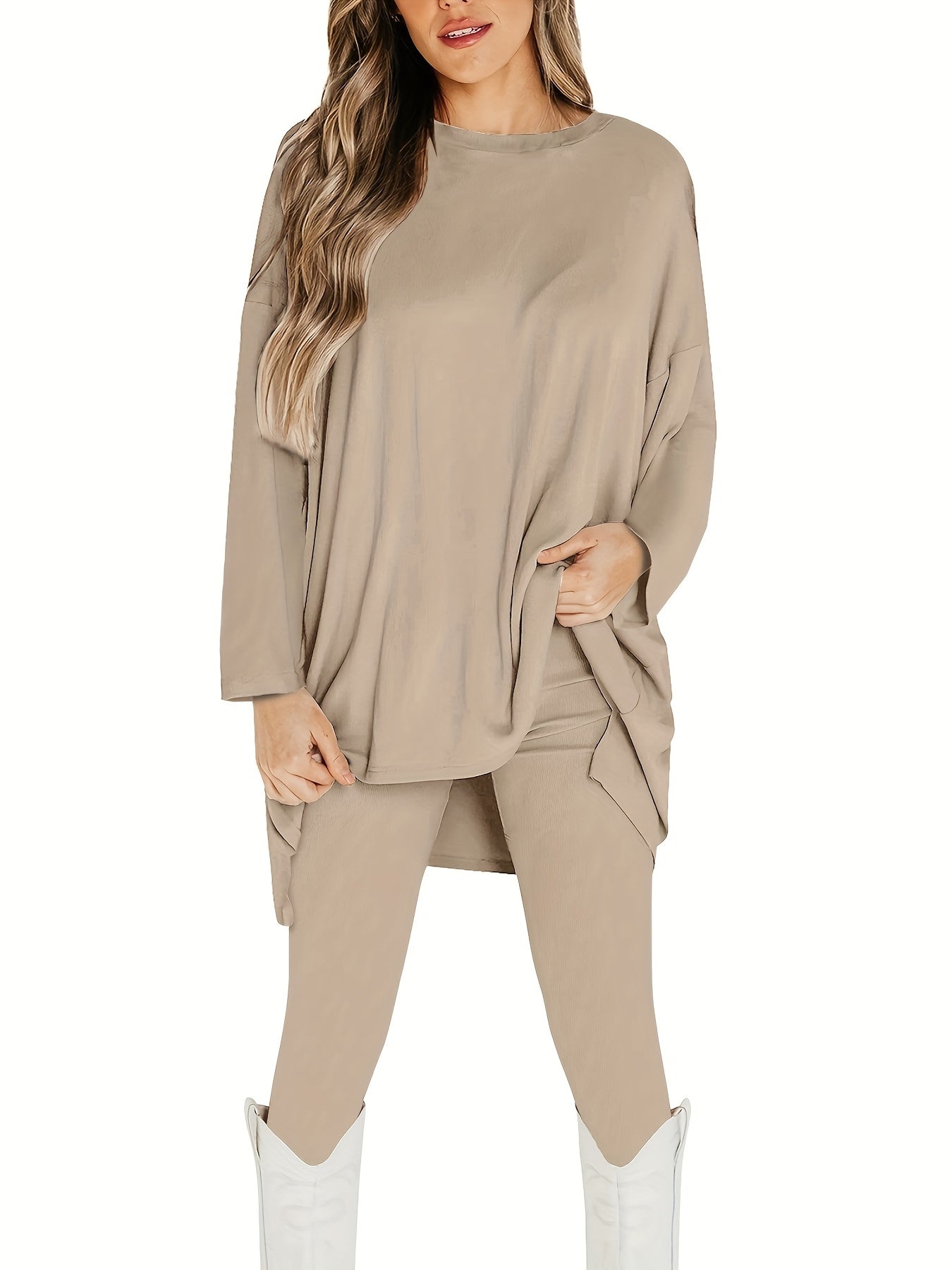 Conjunto Plus Size Feminino Casual – Top Oversized Manga Longa + Leggings