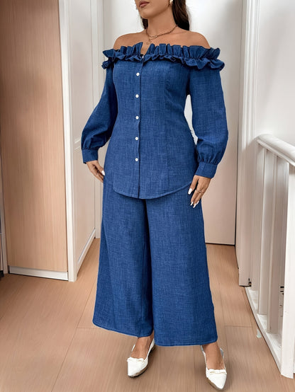 Conjunto Plus Size Feminino Casual & Elegante – Top Ombro-Caído Manga Longa + Calça Reta Cintura Alta