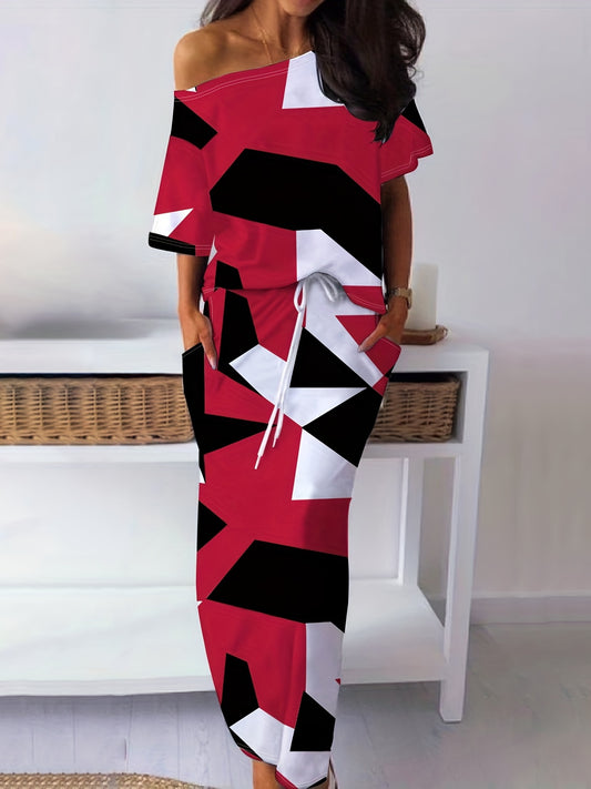 Conjunto Feminino Estampa Geométrica – Blusa Ombro Único + Saia com Cós Ajustável