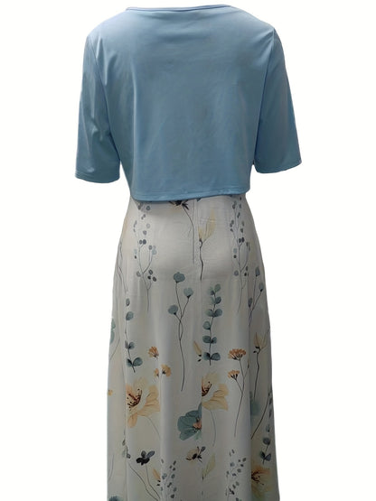 Conjunto Feminino Estampa Floral – Crop Top V-Neck + Saia/Midi Knit Conforto Primavera/Verão