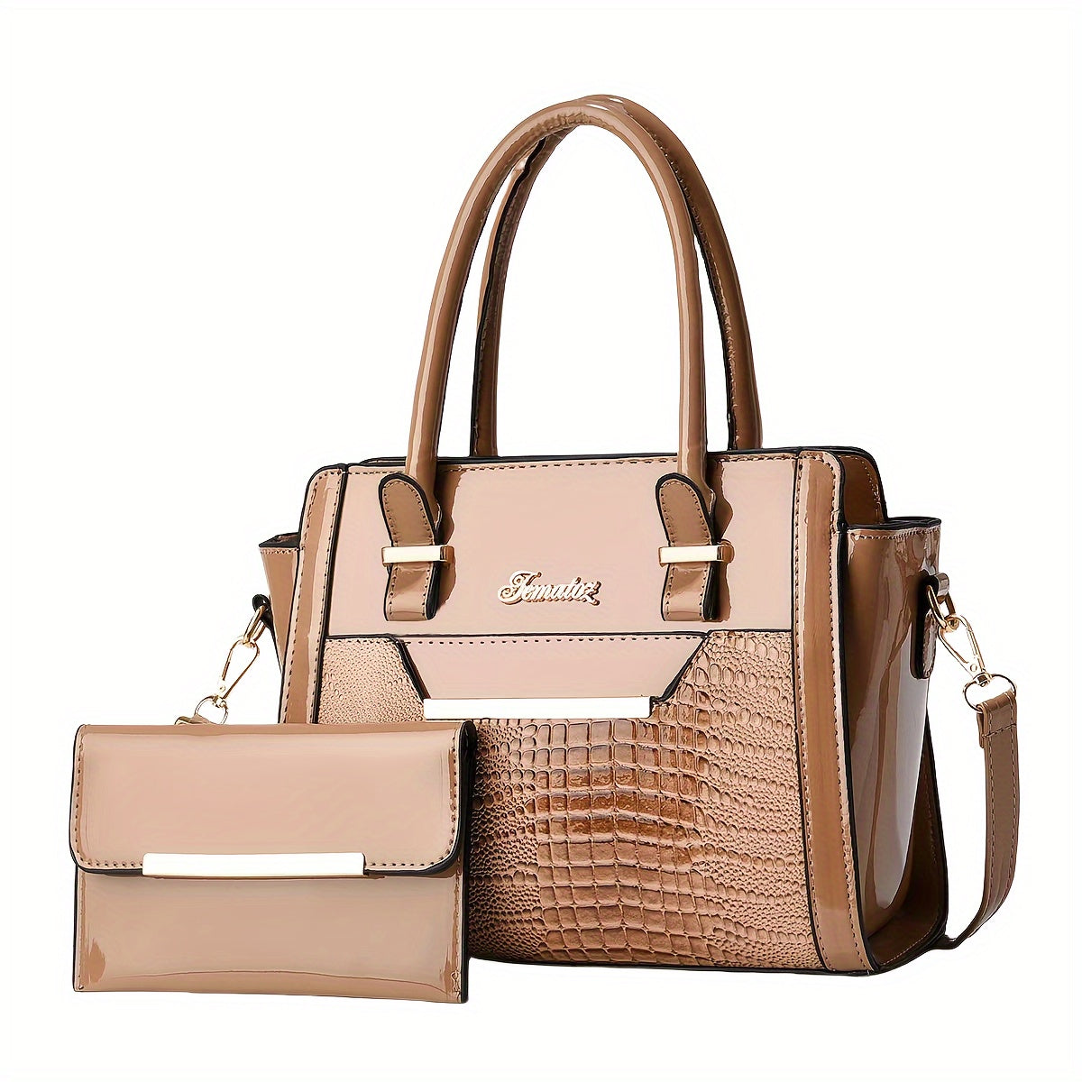 Conjunto Feminino 2 Bolsas Croco – Tote + Clutch em PU com Top-Handle & Alça Ombro