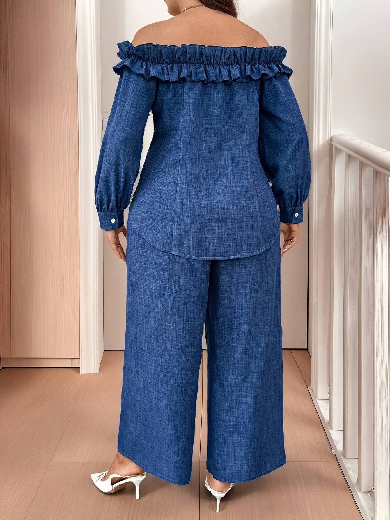 Conjunto Plus Size Feminino Casual & Elegante – Top Ombro-Caído Manga Longa + Calça Reta Cintura Alta