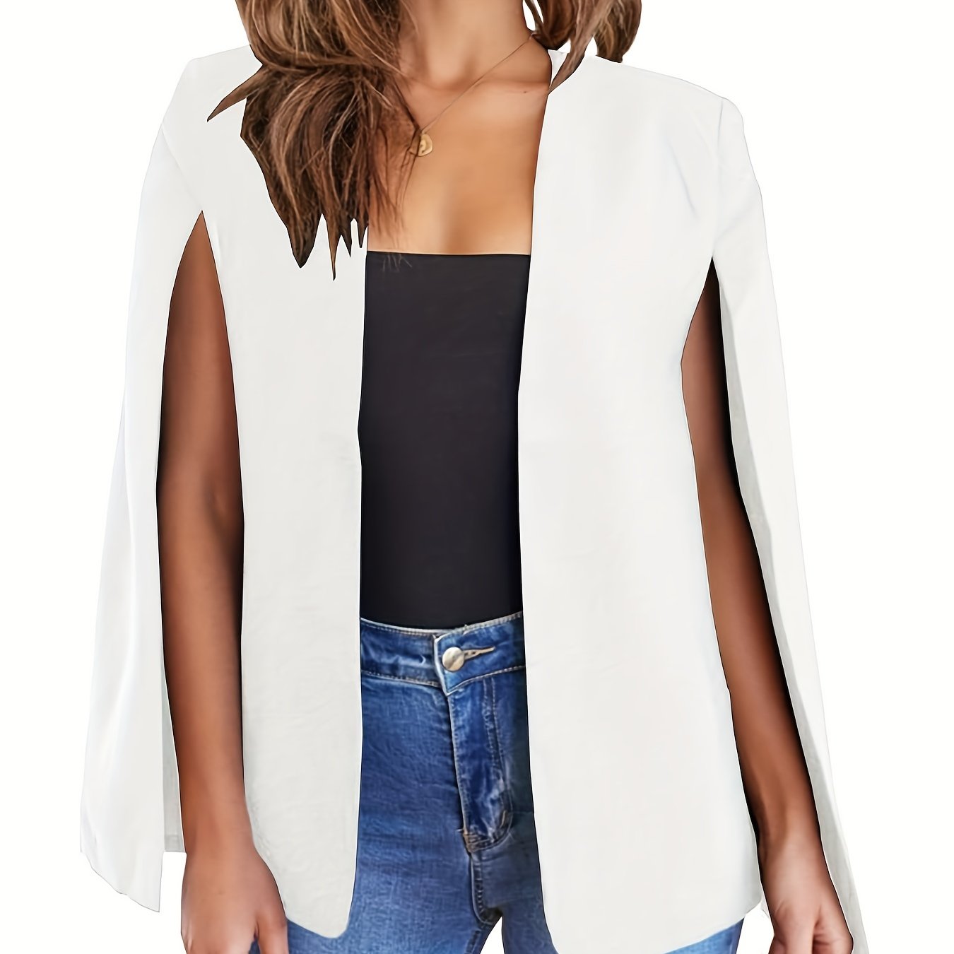 Blazer Feminino Bege Leve – Casual & Elegante com Mangas Fendas, Sem Fecho