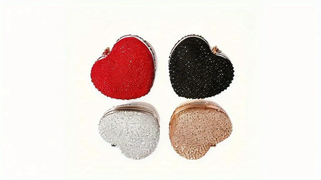 Clutch Feminina Formato Coração com Strass – Mini Evening Bag com Corrente