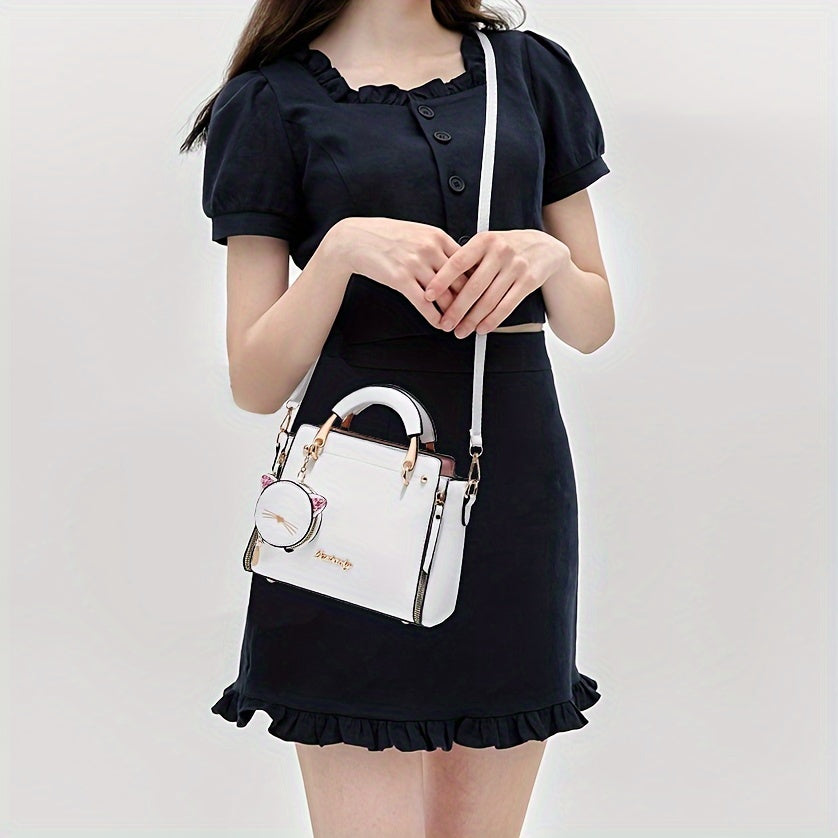 Bolsa Mini Feminina Satchel 2025 – Top-Handle + Corrente com Pingente Gatinho