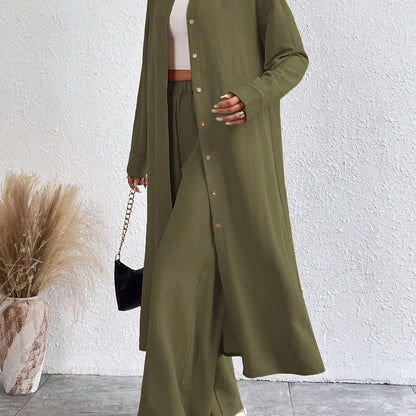 Conjunto Feminino Alfaiataria Casual – Blusa Botão Único + Calça Wide-Leg Cintura Elástica