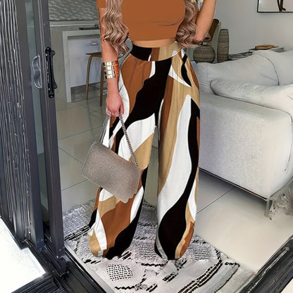 Conjunto Feminino Casual Primavera/Verão – Crop Top Manga Curta + Calça Wide Leg