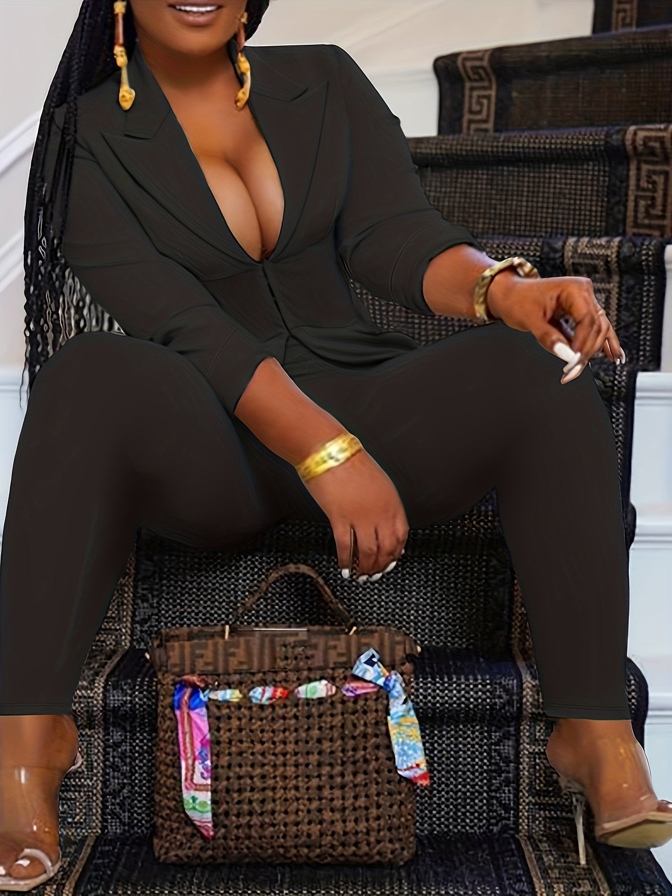 Conjunto Plus Size Feminino Blazer & Calça – Zíper Frontal com Elegância Profissional