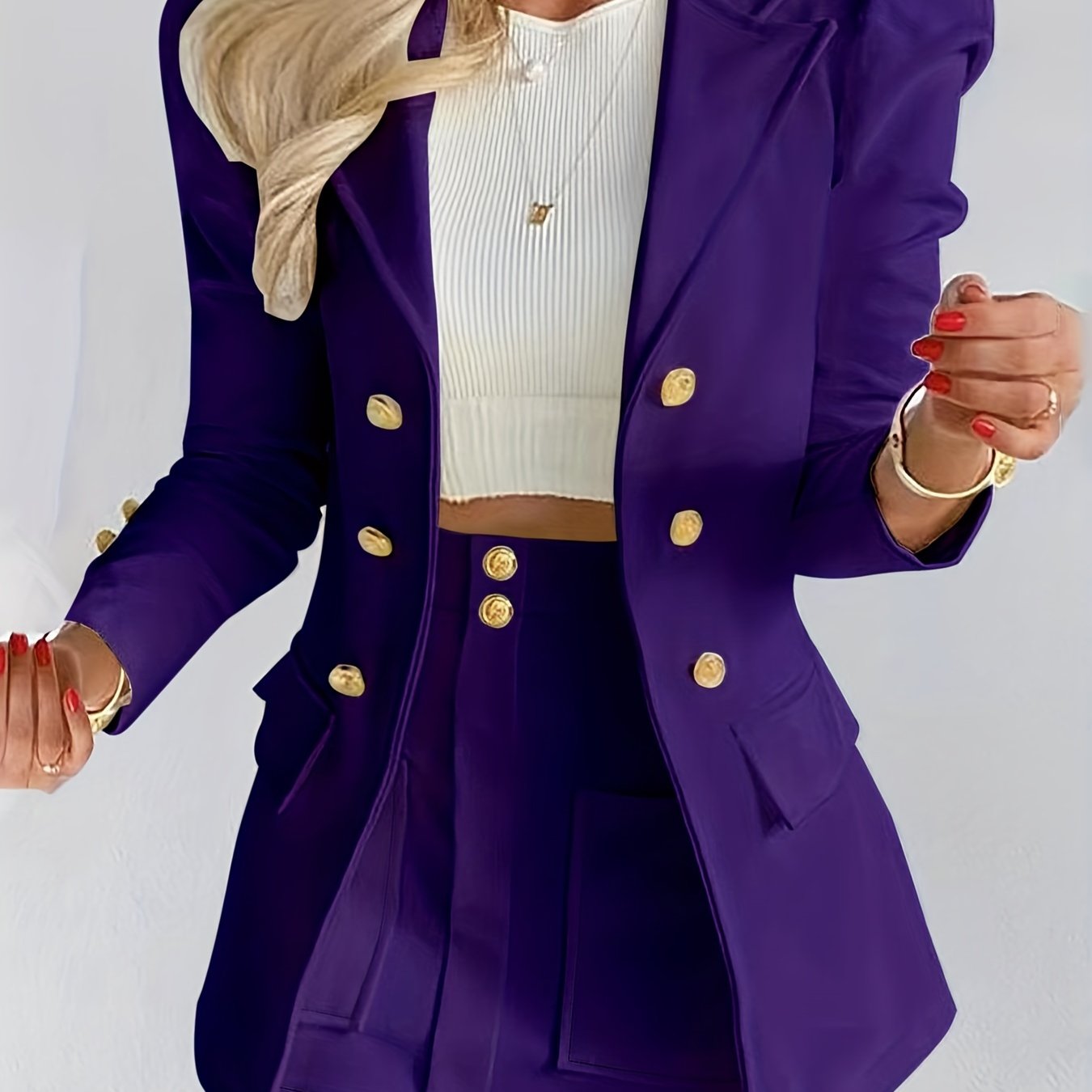 Conjunto Feminino Blazer e Saia Branca – Lapela Clássica, Manga Longa, Cintura Alta, Perfeito para Outono/Inverno