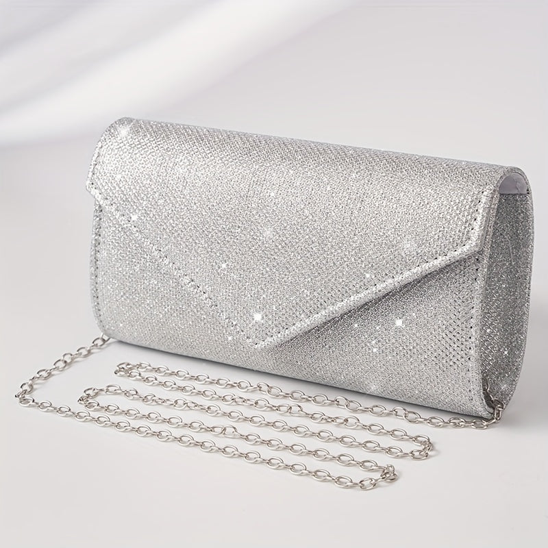 Clutch Feminina Envelope com Glitter – Mini Bolsa Prateada com Corrente para Festa