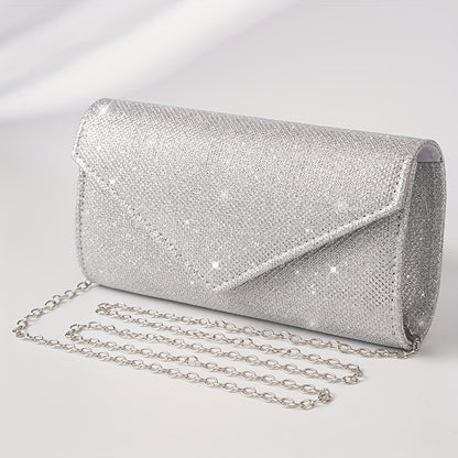 Clutch Feminina Envelope com Glitter – Mini Bolsa Prateada com Corrente para Festa