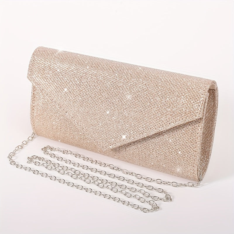 Clutch Feminina Envelope com Glitter – Mini Bolsa Prateada com Corrente para Festa