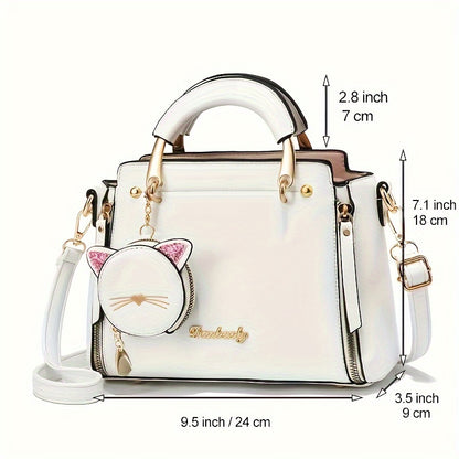 Bolsa Mini Feminina Satchel 2025 – Top-Handle + Corrente com Pingente Gatinho