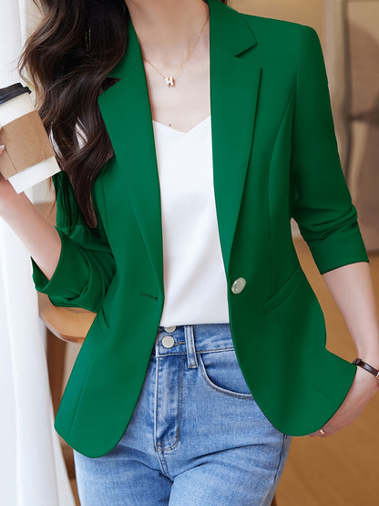 Blazer Feminino de Lapela com Fechamento de Um Botão – Manga Longa, Frente Aberta, para Trabalho e Escritório