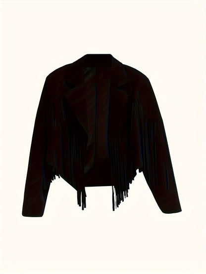 Blazer Feminino Plus Size Casual – Corte Cropped, Franjas, Manga Longa