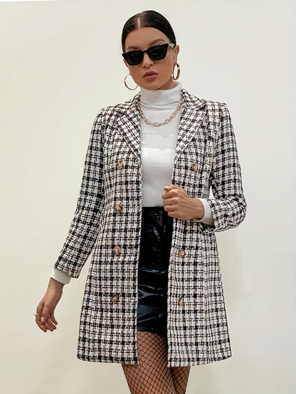 Women's Pied de Poule Check Coat – Double-Breasted, Long Sleeve, Midi Length