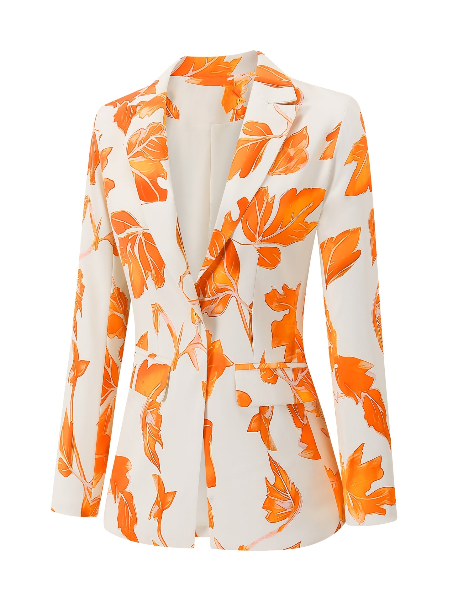 Blazer Feminino Estampa Folhagem Laranja – Single-Breasted Versátil