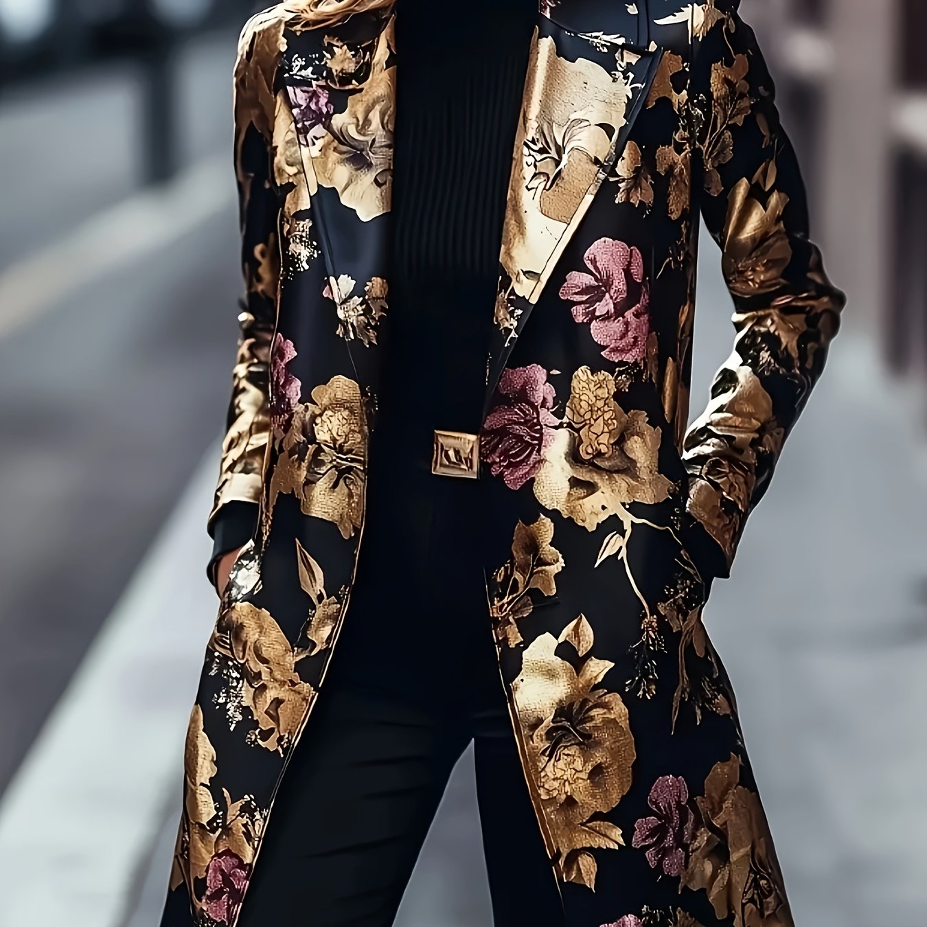 Blazer Feminino Floral Elegante – Padrão Dourado & Vinho