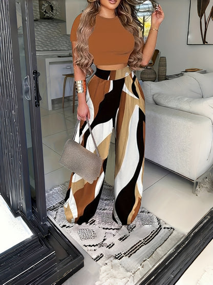 Conjunto Feminino Casual Primavera/Verão – Crop Top Manga Curta + Calça Wide Leg