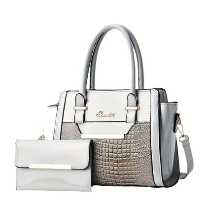 Conjunto Feminino 2 Bolsas Croco – Tote + Clutch em PU com Top-Handle & Alça Ombro