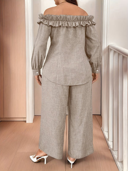 Conjunto Plus Size Feminino Casual & Elegante – Top Ombro-Caído Manga Longa + Calça Reta Cintura Alta