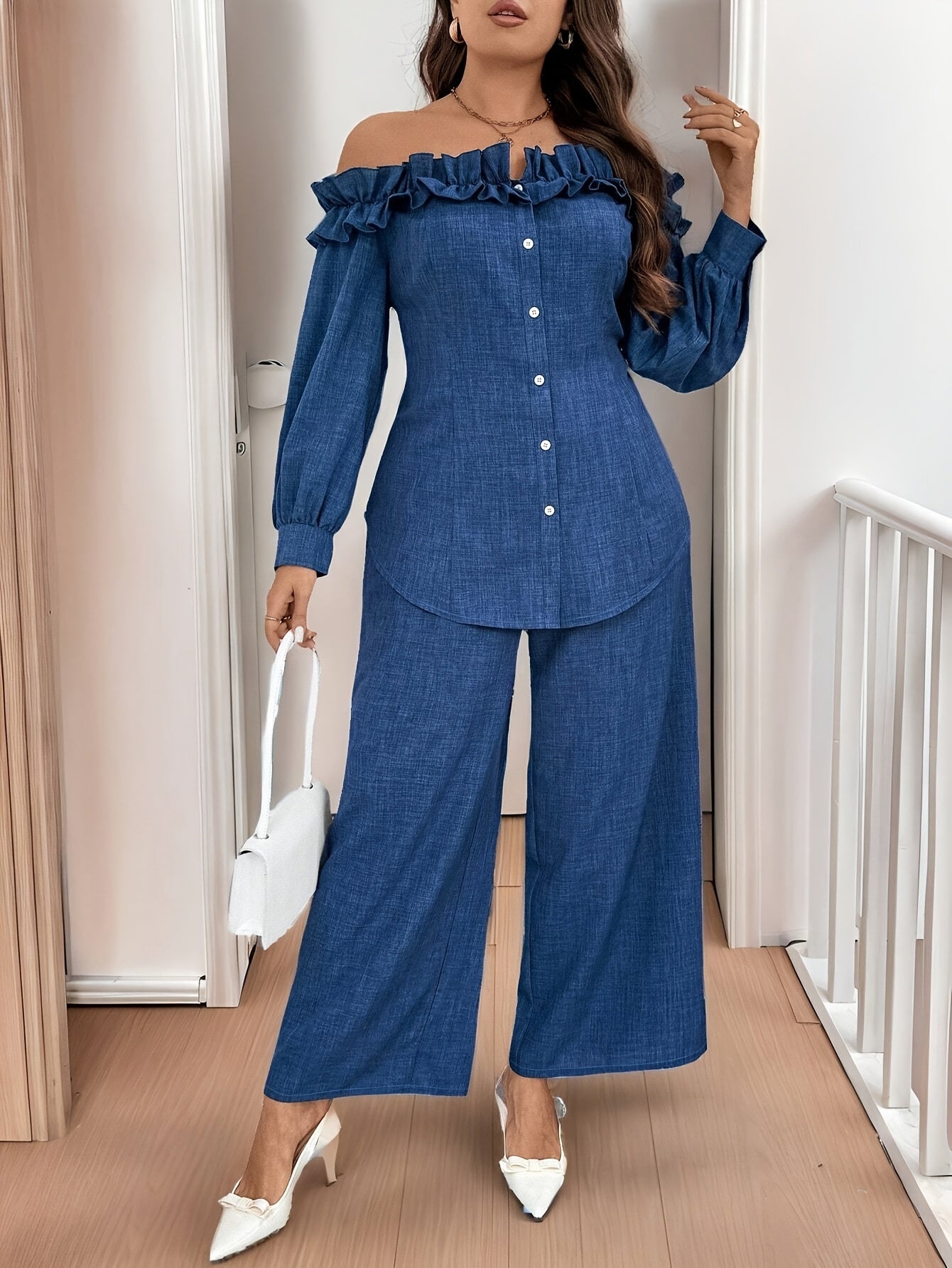 Conjunto Plus Size Feminino Casual & Elegante – Top Ombro-Caído Manga Longa + Calça Reta Cintura Alta