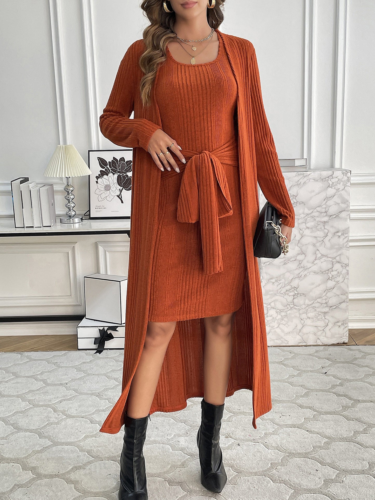 Conjunto Feminino Tricot Ribado – Cardigã Manga Longa + Vestido Alça Ajustável