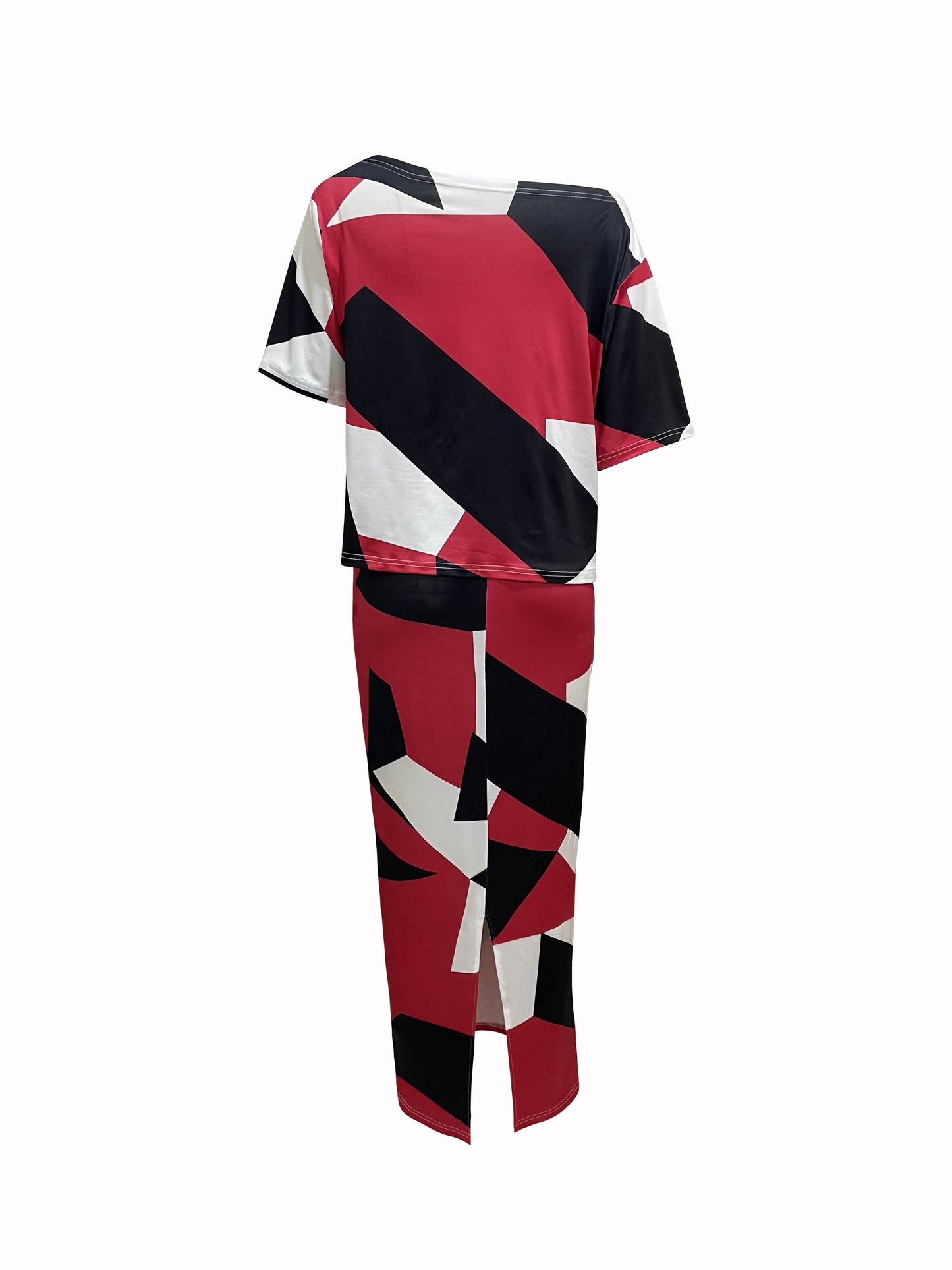 Conjunto Feminino Estampa Geométrica – Blusa Ombro Único + Saia com Cós Ajustável