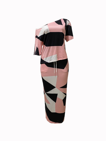 Conjunto Feminino Estampa Geométrica – Blusa Ombro Único + Saia com Cós Ajustável