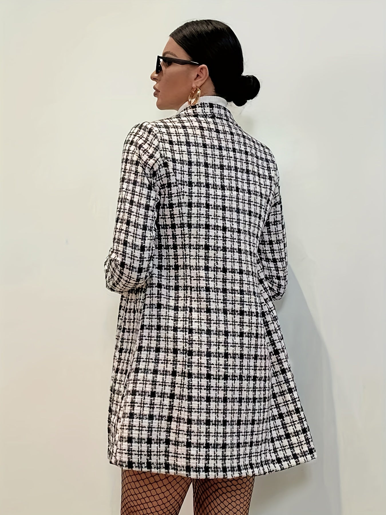 Women's Pied de Poule Check Coat – Double-Breasted, Long Sleeve, Midi Length