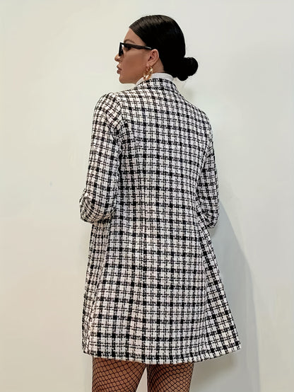 Women's Pied de Poule Check Coat – Double-Breasted, Long Sleeve, Midi Length